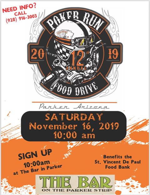 The Bar Poker Run Food Drive happens November 16th, 2019 @ THE BAR on The Parker Strip in Parker, Arizona. Food will be collected and there will be a Poker Run, Raffle Prizes and Live Entertainment