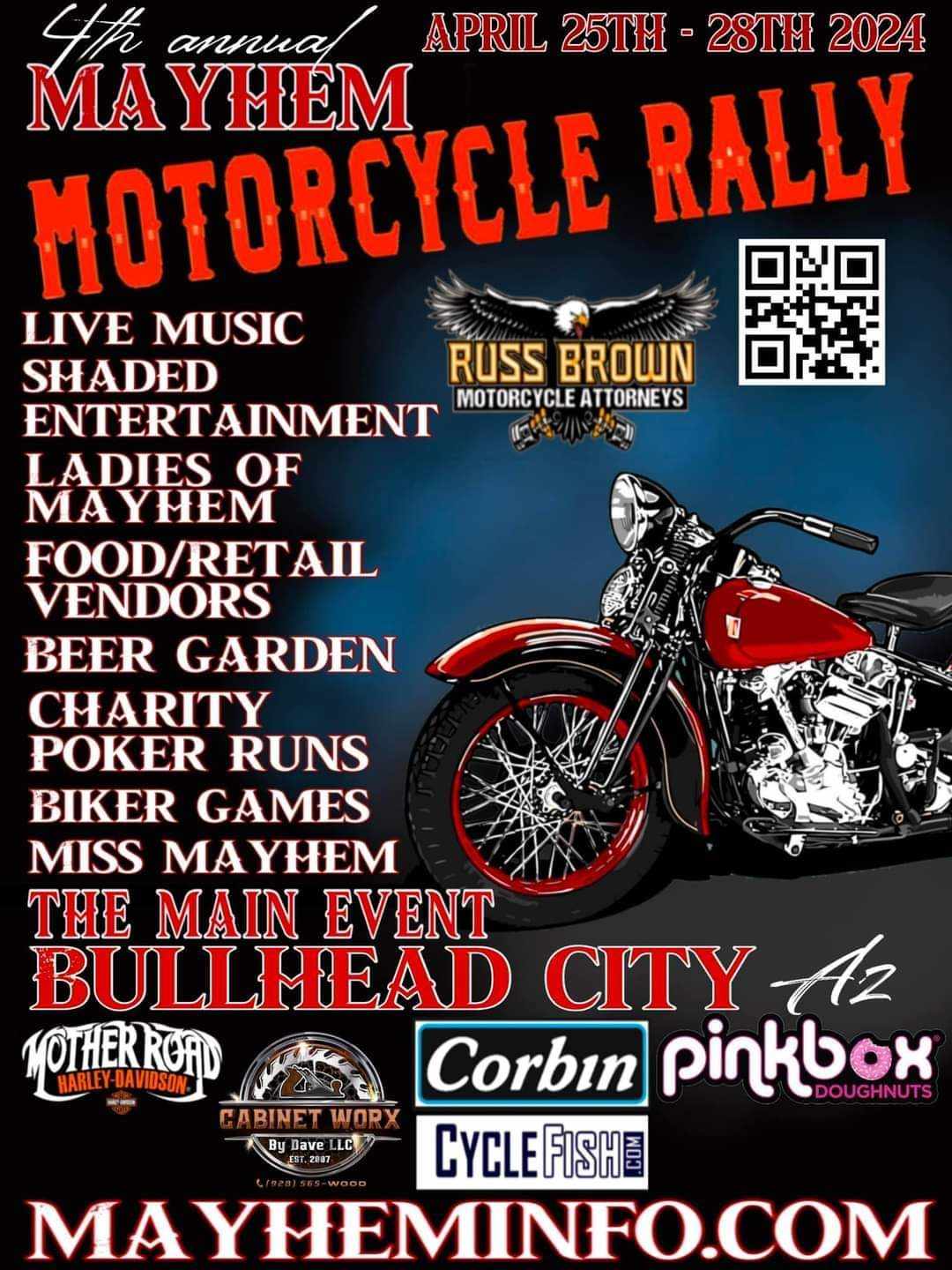 4th Annual Mayhem Motorcycle Rally April 25th - April 28th 2024 Bullhead City Arizona + Mayhem Tattoo Convention CLICK Below for Information