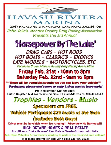 Horsepower by the Lake Car Show & Motorsports Outdoor Show February 21 & 22 2025 Lake Havasu City, CLICK Below for Details